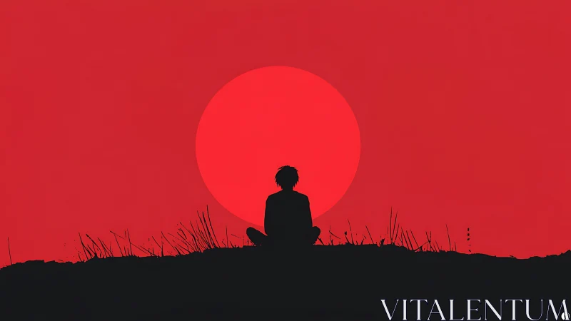 Silhouetted figure meditating before oversized red solar disc.