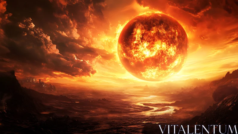 Stellar object over volcanic plain under dense cloud cover