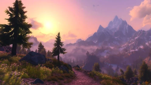 Sunlit alpine trail overlooking pastel misty mountains.