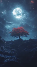Red tree stands beneath bright full moon in rocky valley