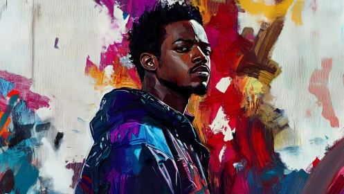 Portrait of young man against vivid abstract painted backdrop