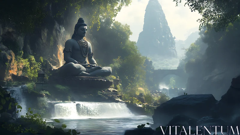 Colossal Shiva statue above tiered jungle waterfalls at dawn