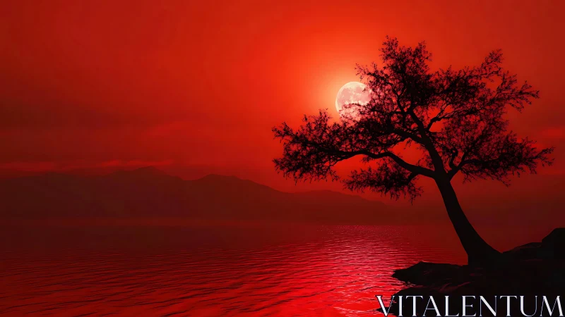 Leaning shoreline tree silhouettes against crimson lunar seascape