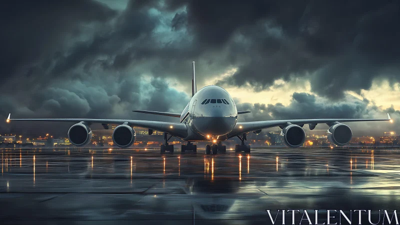 Powerful passenger jet calmly waits on a rain slick runway