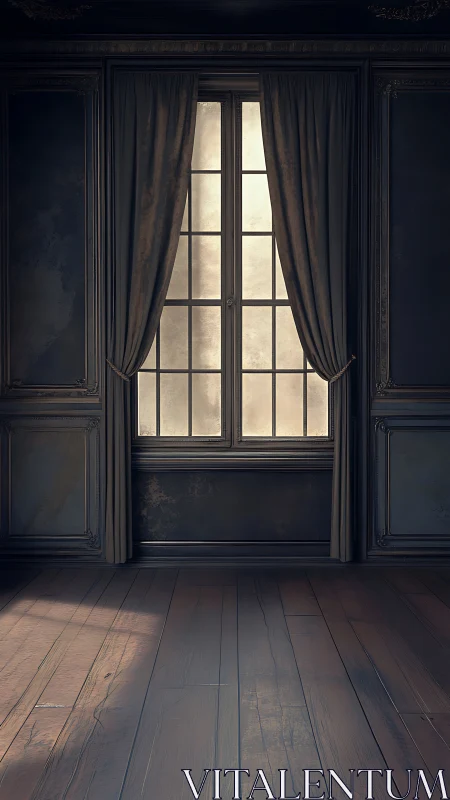 Muted light through classic window within empty salon.