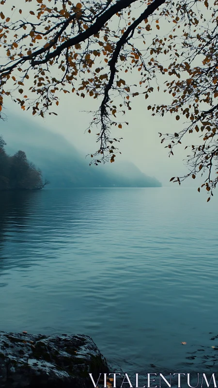 Misty lake hush beneath autumn’s delicate canopy.