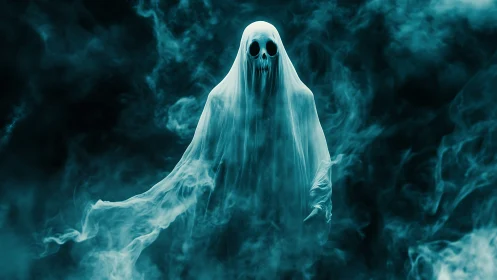 Ghostly wraith emerges from swirling teal mist in darkness.