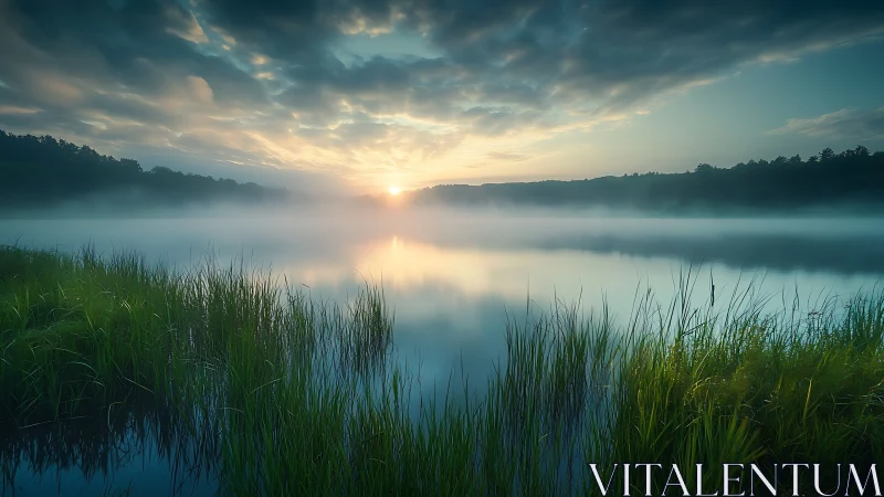 Sunlight intersects fog over still lake bordered by reeds