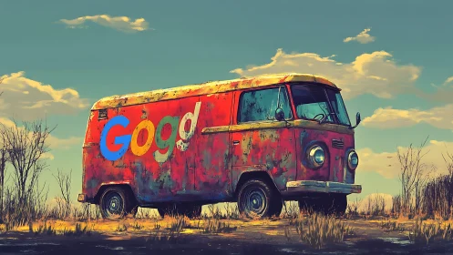 Weathered red van stands in dry field under clear sky