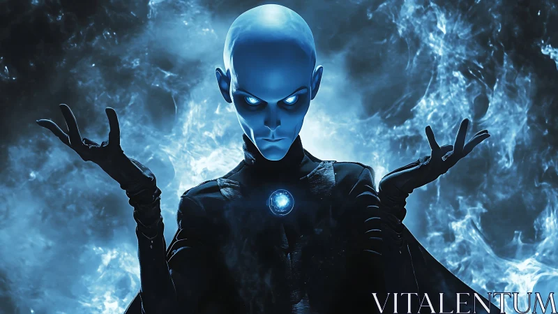 Alien sorcerer commands blue cosmic energy in dark void