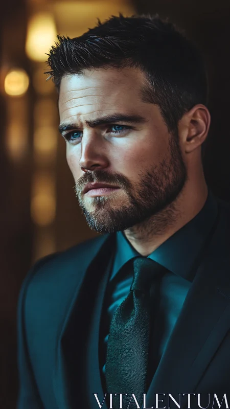 Thoughtful blue-eyed man in a deep teal tailored suit.