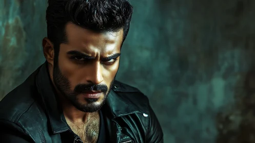 Brooding man in leather jacket under moody teal light.