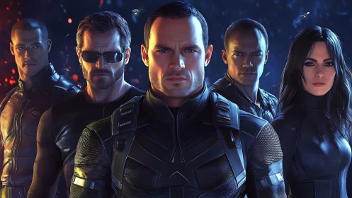 Digital painting of tactical squad under cinematic blue-orange light.