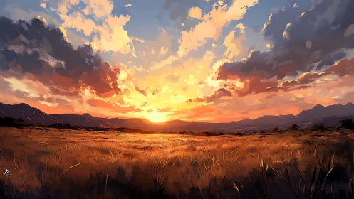 Sunset light over open grassland and distant mountains.