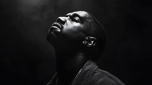 Man&rsquo;s head tilted upward in dramatic side profile lighting