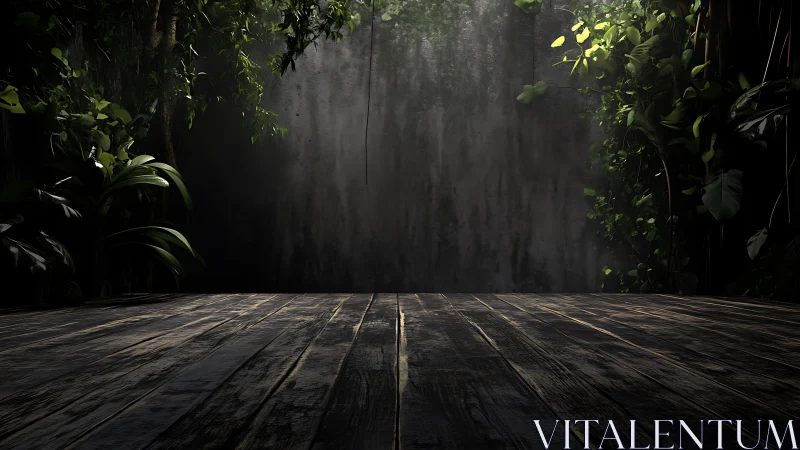 Dark Wooden Platform with Jungle Overgrowth