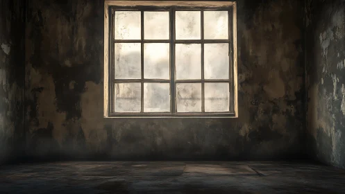 Dusty window floods an abandoned room with muted daylight