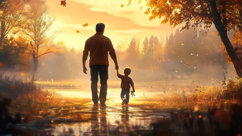 Golden hour stroll shared by parent and child beside water.