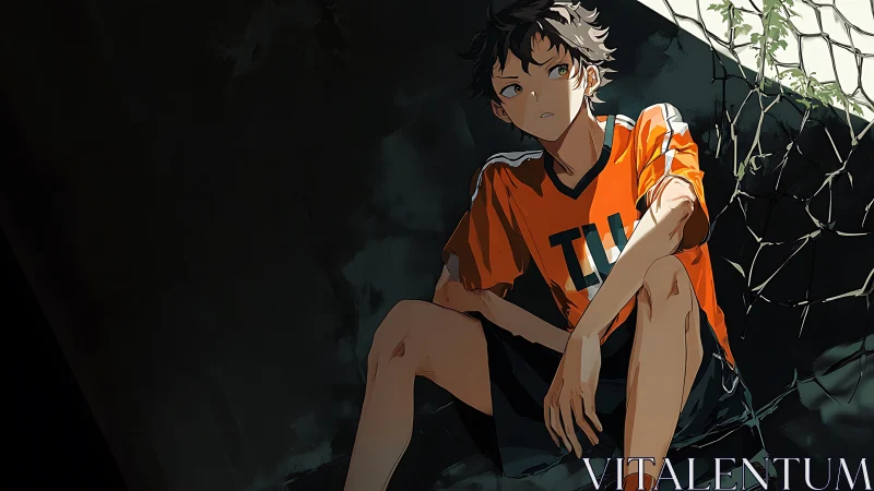 Teenage boy in orange jersey seated by damaged fence wall.