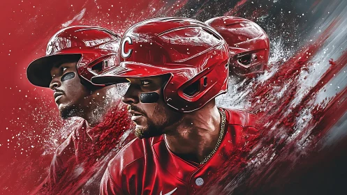 Dynamic red baseball trio surges forward in explosive motion.