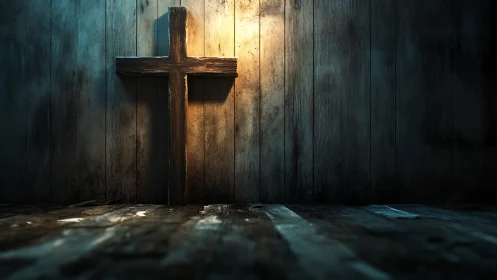 Textured wooden cross under dramatic volumetric spotlighting.