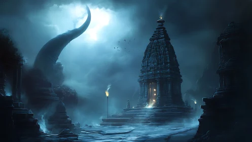 Moonlit temple rises over foggy ruins under colossal horn