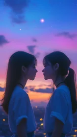 Twin silhouettes under gradient twilight sky with city bokeh