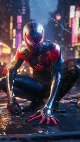 Crouching spider-suited hero in neon-soaked rainy streets