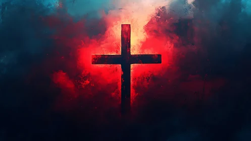 Digital painting cross with dramatic red aura and dark mist.