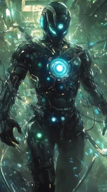 Cybernetic combat android stands in luminous data core