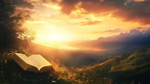 Open book glows in radiant sunset above misty valley.