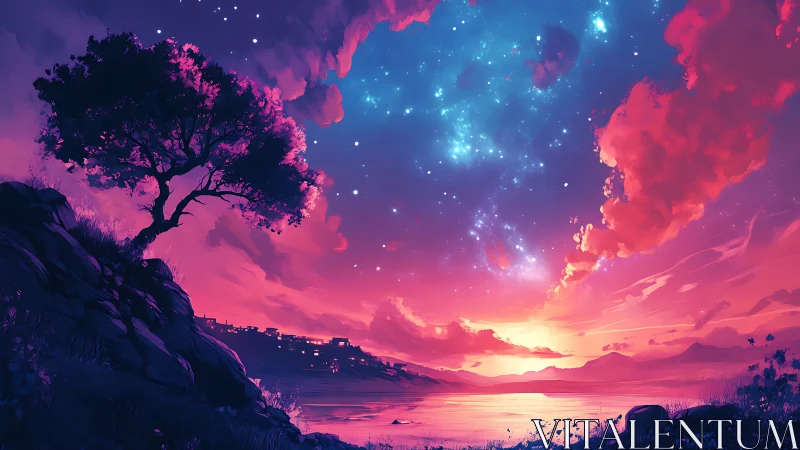 Vibrant coastal sunset under a nebular, star-rich twilight sky