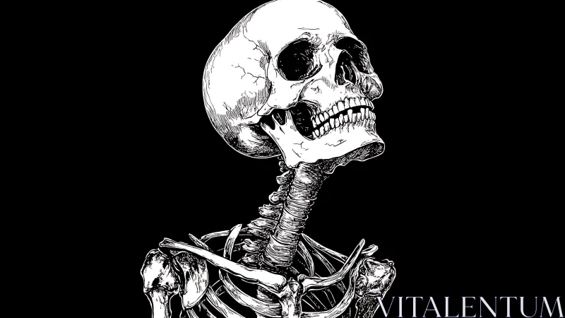Detailed skeletal portrait tilts under stark black void.