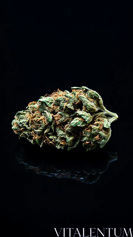 Cannabis flower bud isolated on reflective black surface.