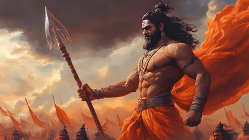 Warrior deity with trident leading orange-flagged army.