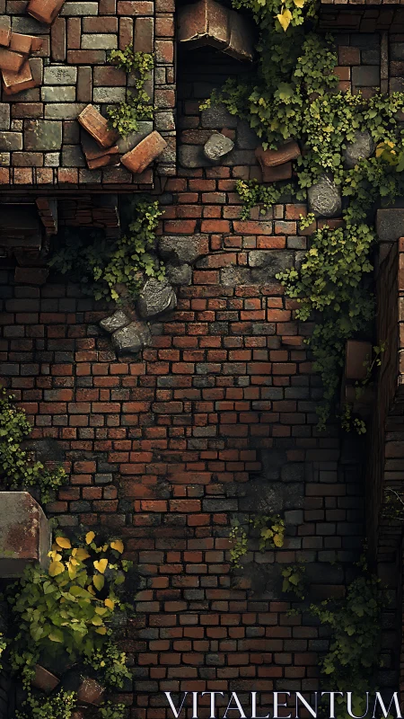 Overgrown brick alleyway with scattered rubble overhead view.