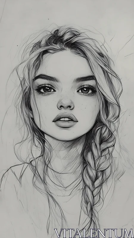 Graphite portrait drawing depicts a young woman in braided hair