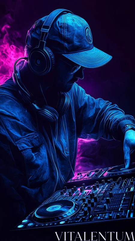 Neon-lit DJ in blue magenta contrast manipulates digital decks