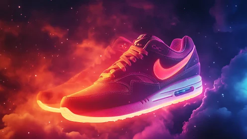 Neon gradient running sneaker in glowing cosmic vapor field