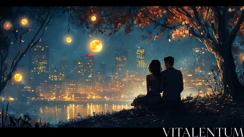 Luminous urban nocturne: silhouetted couple beneath celestial moons