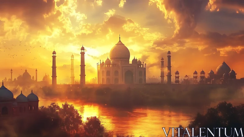 Golden sunset bathes riverside palace in radiant light.