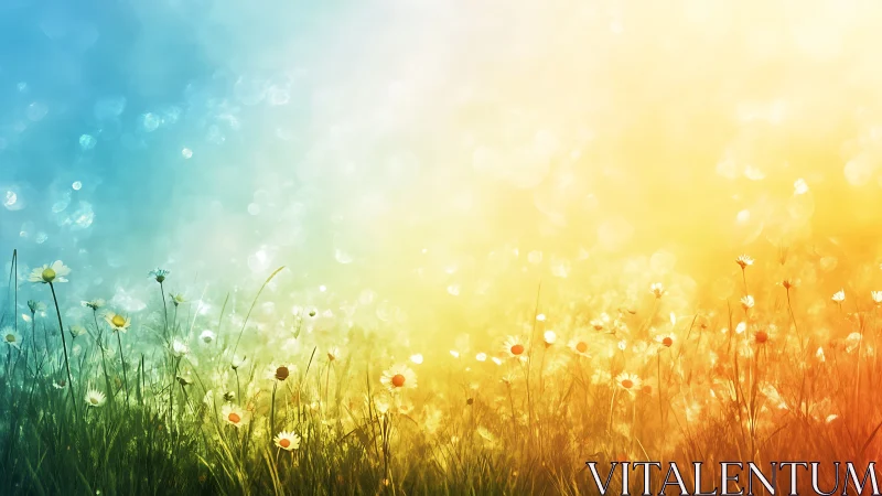 Daisy whispers beneath a sunrise rainbow haze field.