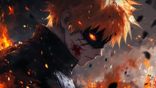 Fierce masked hero glowing amid swirling ember storms.