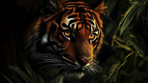 Tiger face emerging from dark jungle foliage at night.