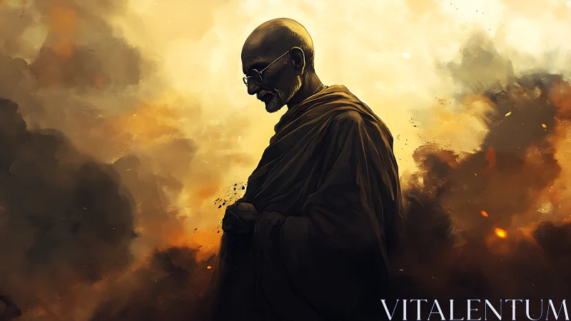 Monk silhouette walks through burning stormscape dusk.