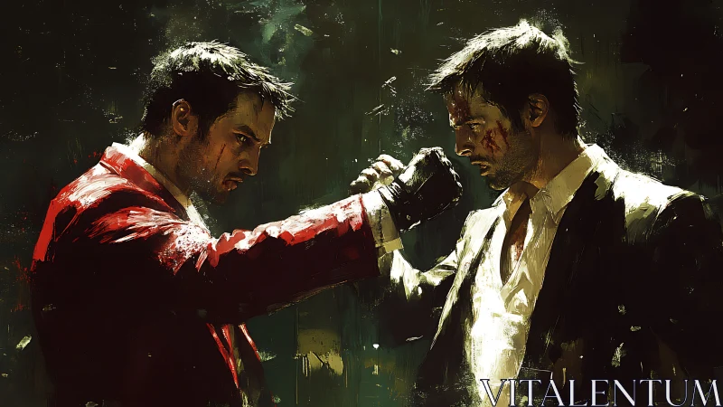Two bruised men confronting each other in stylized portrait.