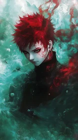 Red haired anime figure in swirling teal abstract environment.