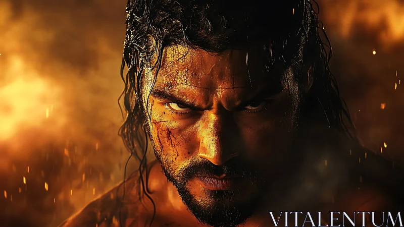 Intense warrior close-up framed by cinematic fiery backlight