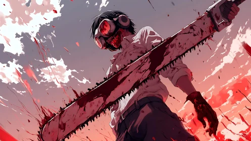Gritty chainsaw warrior stands bold against a blazing sky
