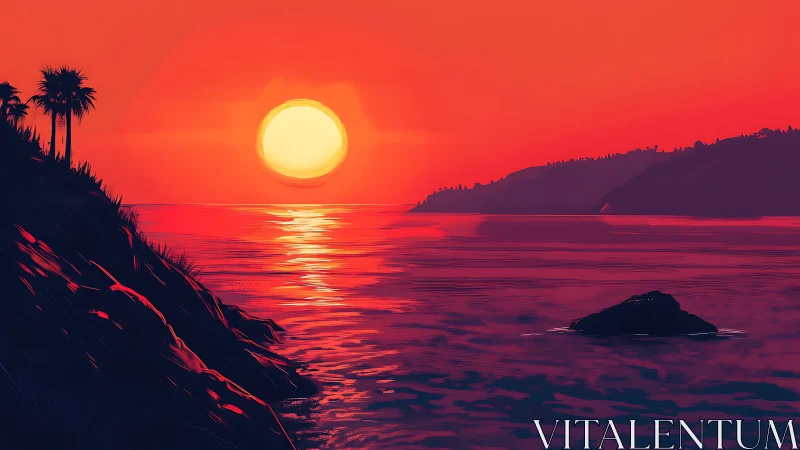 Crimson horizon sun melts over palm-lined twilight cove.